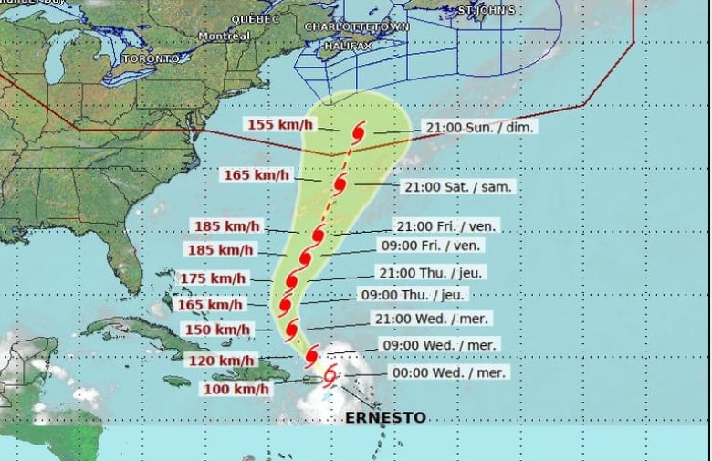 A map showing the forecast track of tropical storm Ernesto.