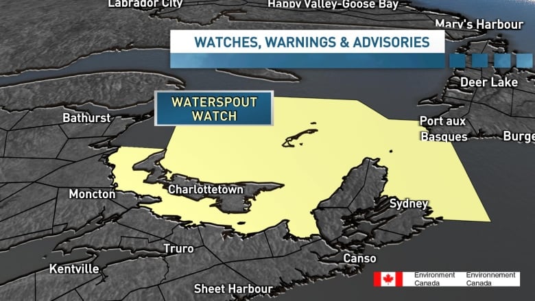 A map showing the area under waterspout watch.