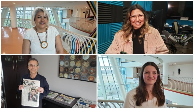 Clockwise from top left: A woman wearing a beaded necklace, a woman sitting in a radio studio, a woman posing for a photo in front of a row of windows and a man holding up a newspaper.