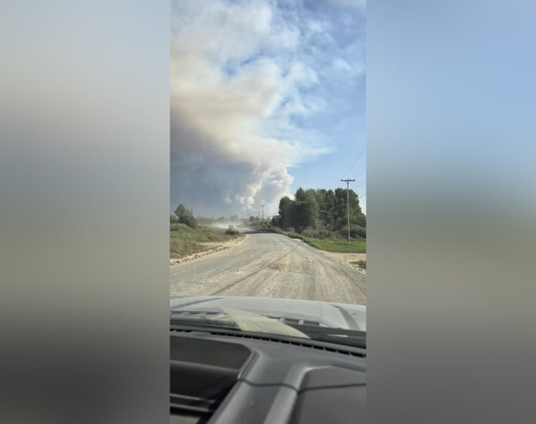 Smoke from a wildfire billows in the back of a community.