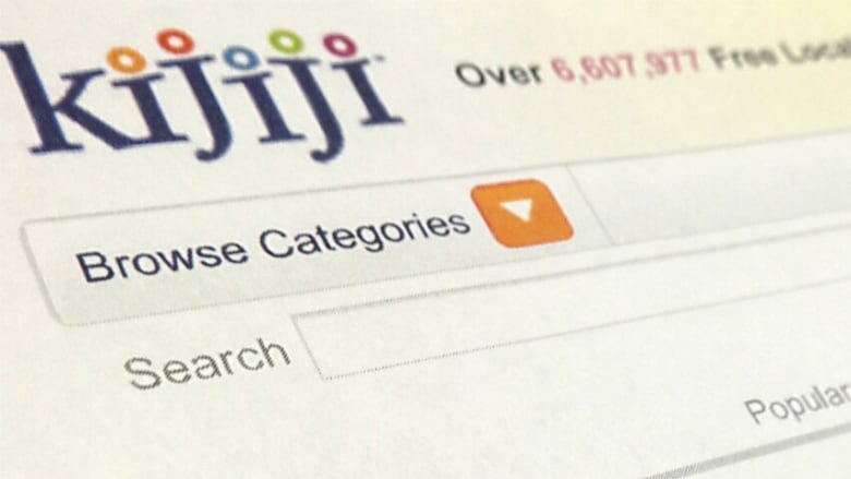 A webpage reading 'Kijiji' is pictured on a computer screen, with the words 'browse categories' and a search bar visible.