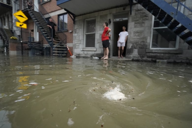 People looking at flooded street