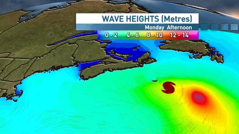 A map showing different colours off the coast of NS indicating wave height.