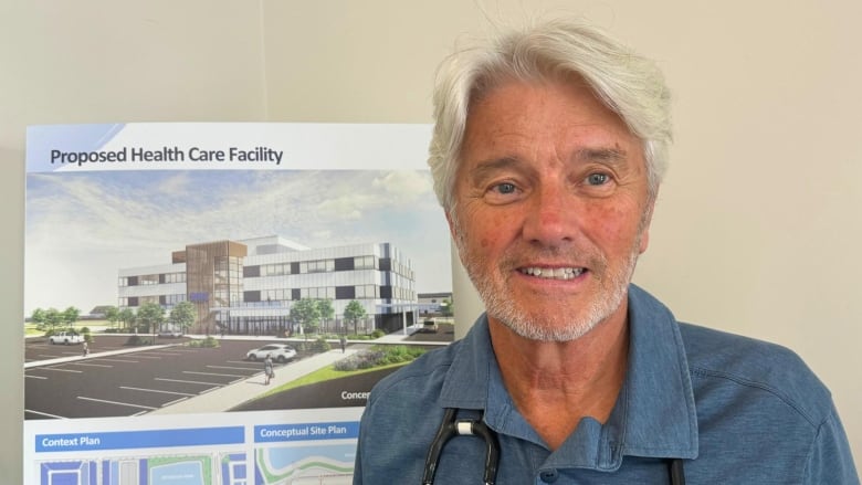 A man wearing a blue shirt stands in front of a image of a proposed healthcare facility.