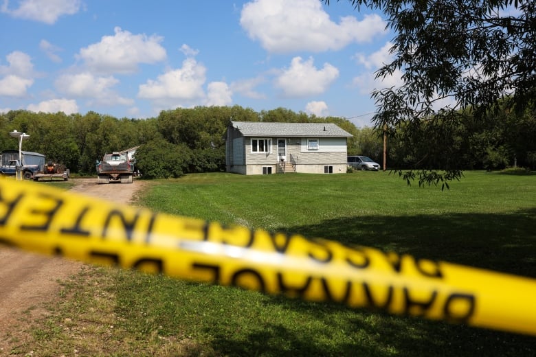 A house with police tape in front of it. 