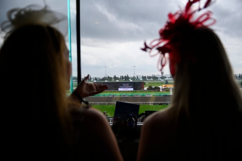 Two women in colourful fascinators stand in the grandstand of a horse track.