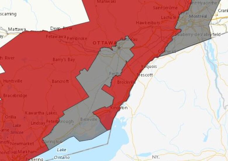 A map with sections in red and grey.