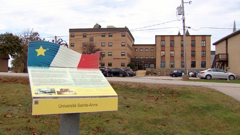 A statue of an Acadian flag sits in front of brown university buildings.