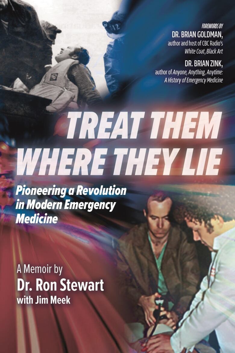  A book cover shows pictures of doctors performing emergency medicine.