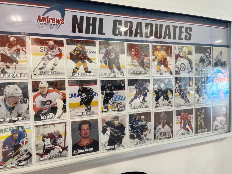 This wall at the Andrews Hockey School in Charlottetown is lined with photos of former students who made it to the NHL. 