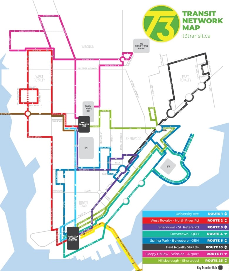 A map showing Charlottetown bus routes.