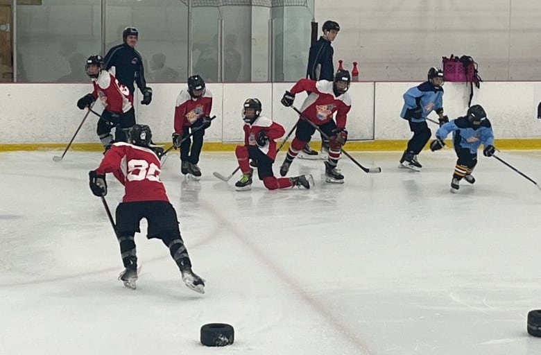 Young hockey players go through drills on the ice as two adults on skates watch. 