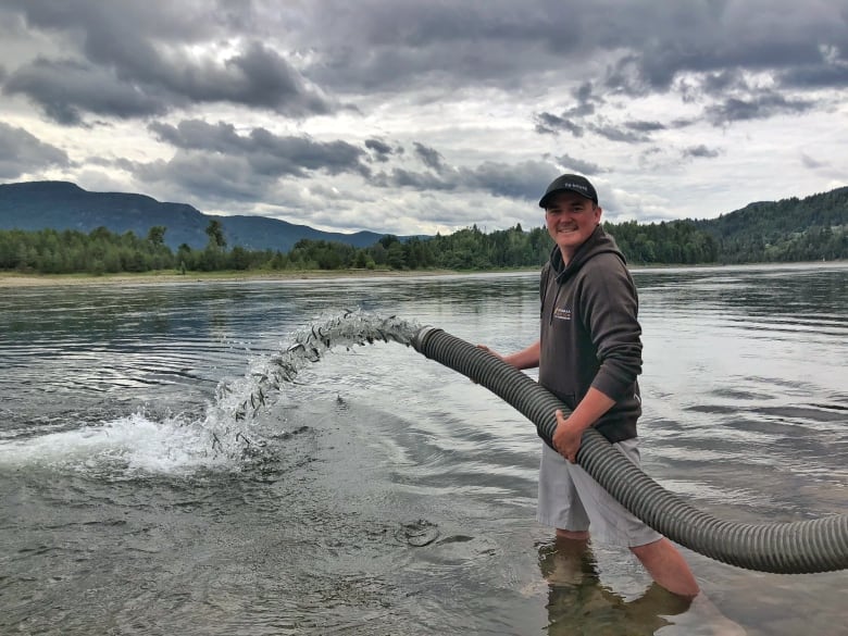 A man stands with a large hose gushing fish into a river.