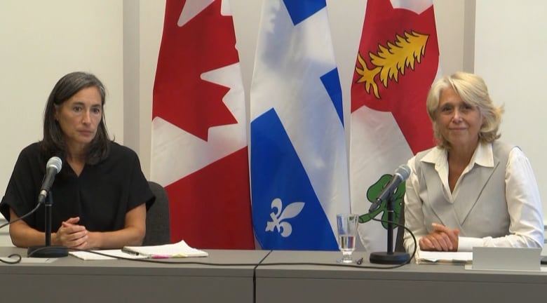 two women sit at a table with microphones and flags standing behind them