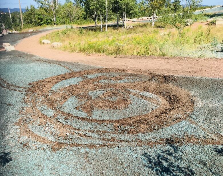 Circular brown marks cover a patch of ground.