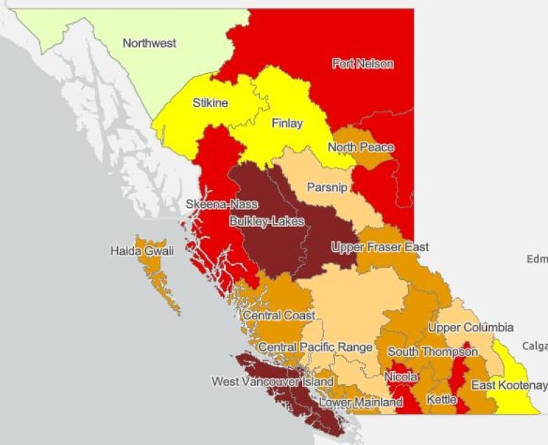 A map of with red and orange regions showing drought levels across B.C.