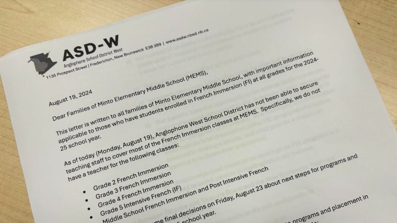 A document that says: August 19, 2024 Dear Families of Minto Elementary Middle School (MEMS), This letter is written to all families of Minto Elementary Middle School, with important information applicable to those who have students enrolled in French Immersion (FI) at all grades for the 2024- 25 school year. As of today (Monday, August 19), Anglophone West School District has not been able to secure teaching staff to cover most of the French Immersion classes at MEMS. Specifically, we do not have a teacher for the following classes: Grade 2 French Immersion Grade 3 French Immersion Grade 4 French Immersion Grade 5 Intensive French (IF) Middle School French Immersion and Post Intensive French We will need to make some final decisions on Friday, August 23 about next steps for programs and staffing at MEMS for the 2024-25 school year.