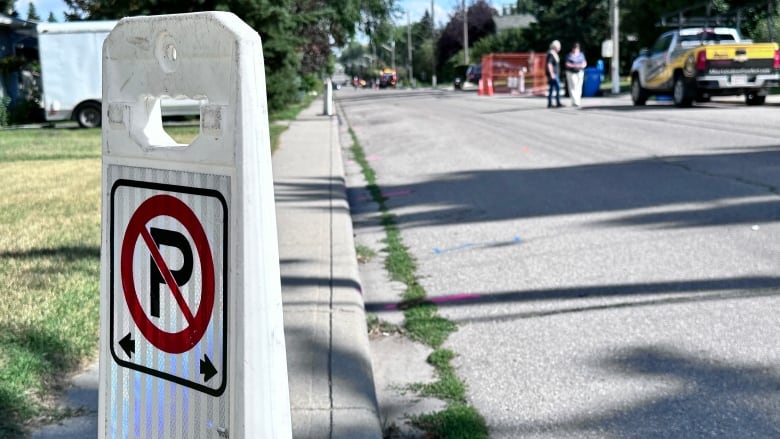 a no parking sign stands on the sidewalk. in the background, there is a residential street with pink and blue paint markings on the road. 