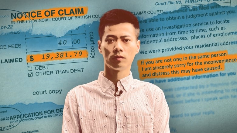 An illustration showing an East Asian man with court documents in the background.