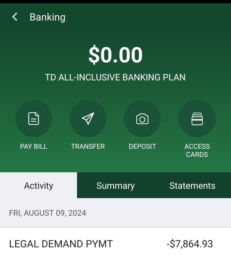 A screenshot of a TD bank app showing a $0 balance and $7,864,93 taken out.