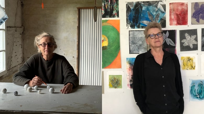 A splitscreen photo of two women. On the left a woman sits at table with small sculptural balls. On the right a woman stands in front of a wall filled with colourful drawings.