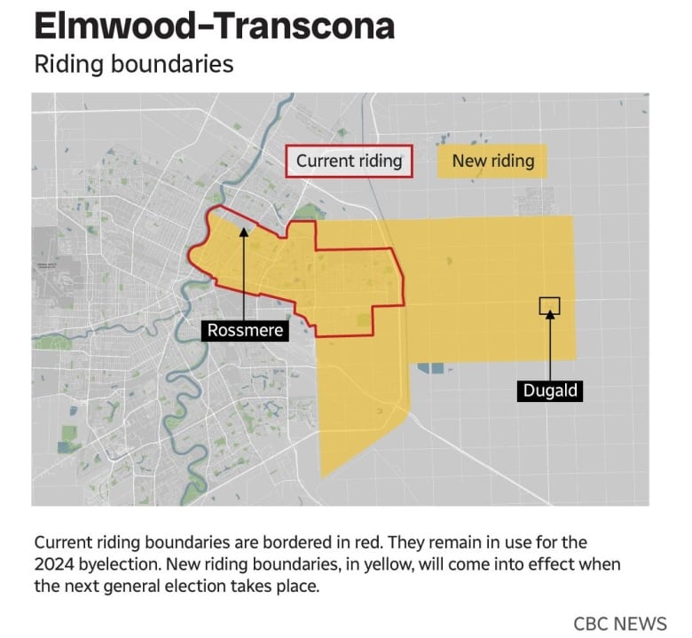 A mapo showing the existing and forthcoming riding boundaries for Elmwood-Transcona.