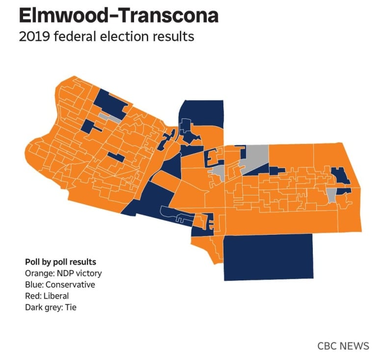 A poll-by-poll results map for Elmwood Transcona votes during the 2019 federal election. Most of the polls were won by the NDP.