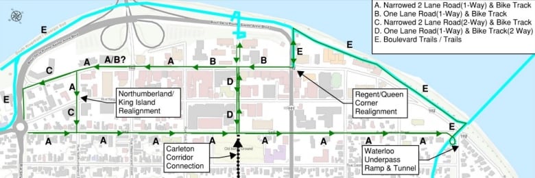 A diagram shows a plan to install a series of bike lanes in downtown Fredericton.