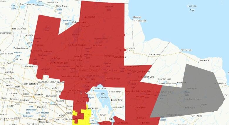 A map showing Saskatchewan, Manitoba and Ontario shows sections highlighted in red and grey.