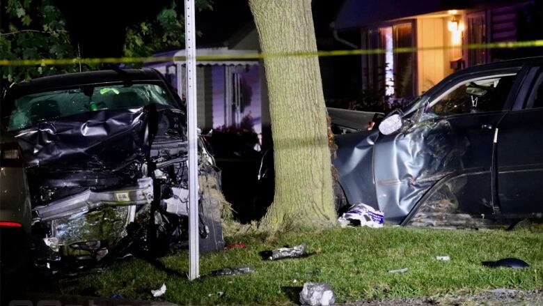 A collision scene in a residential neighbourhood.