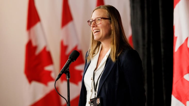 Minister Karina Gould, Government House Leader, speaks to media at the federal cabinet retreat in Halifax, Tuesday, Aug. 27, 2024.