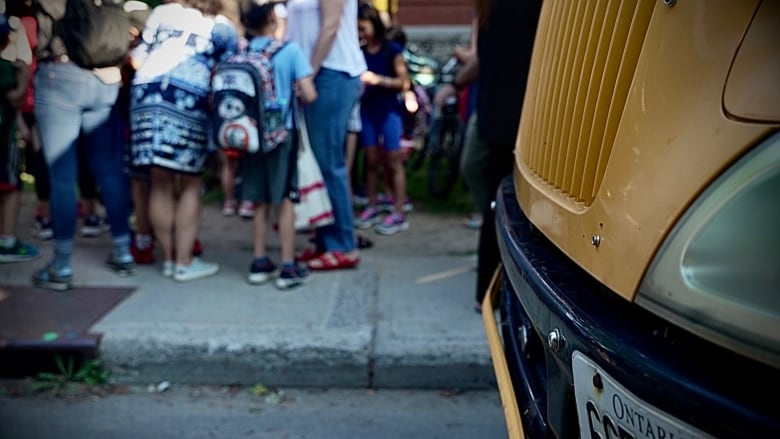 Students gather outside of Francojeunesse Public Elementary School on the first day of the 2024-2025 school year.