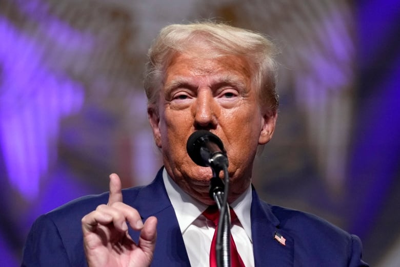 Former U.S. president Donald Trump is seen speaking in Detroit.