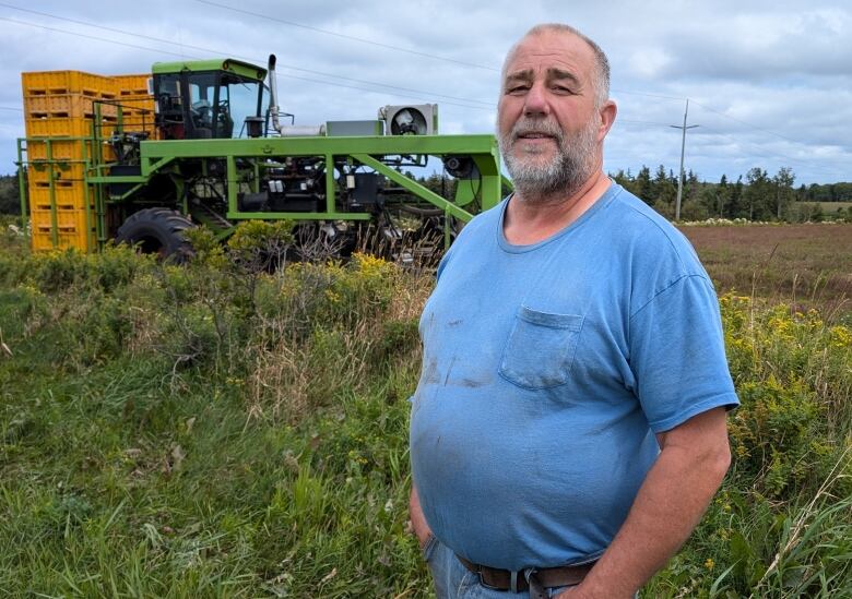 A man in a blue shirt near a large harvester 