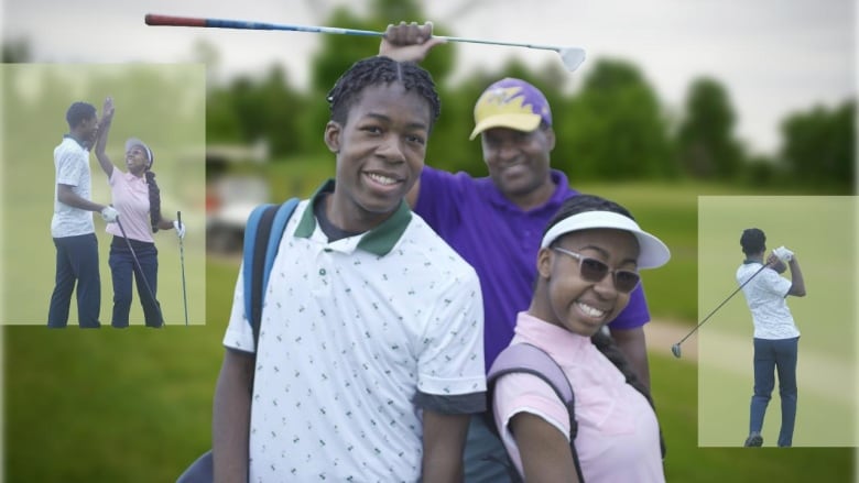 Young man, young woman smile at camera. Man holds golf club behind them and smiles. They are standing on a golf course. 