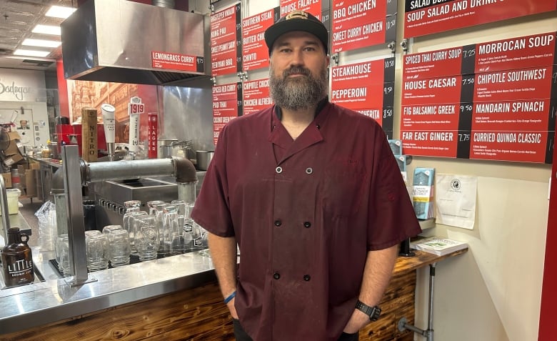 A man with hat and beard standing in front of a bar.