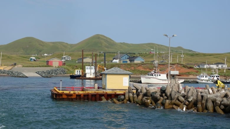 A photo taken from the water with green hills in the background on an island 