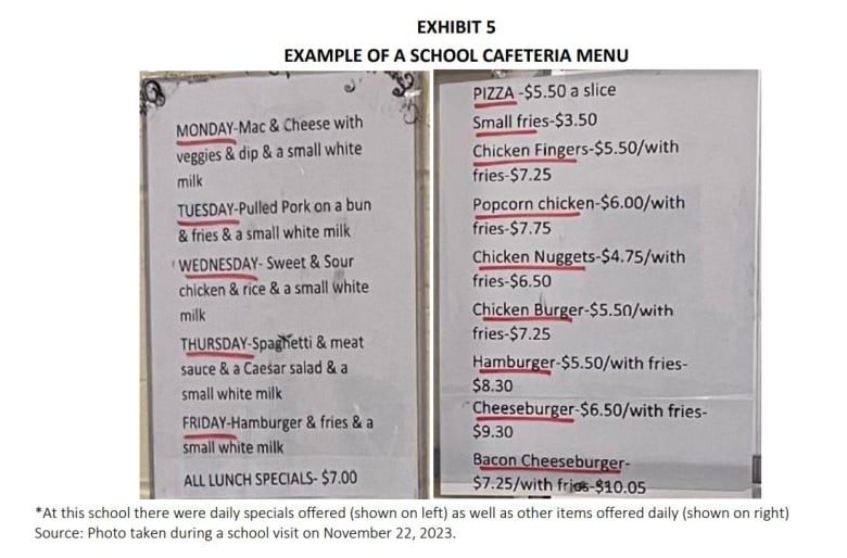 A photo of a menu offering items including pizza, fries, chicken nuggets and bacon cheeseburgers.