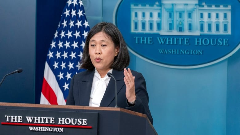 U.S. Trade Representative Katherine Tai speaks with reporters in the James Brady Press Briefing Room at the White House, Tuesday, May 14, 2024, in Washington.