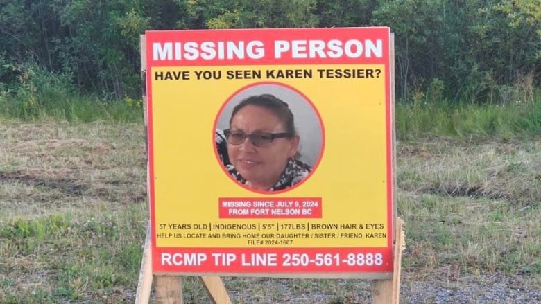 A missing person's sign shows a woman in her 50s with glasses and hair in a ponytail.