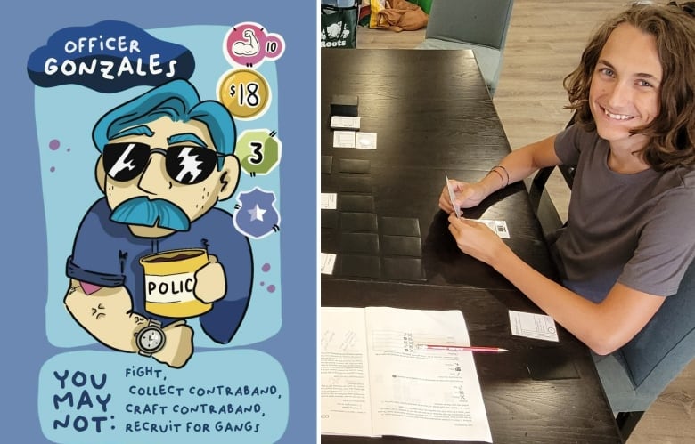 A teenage male and a card from a board game.