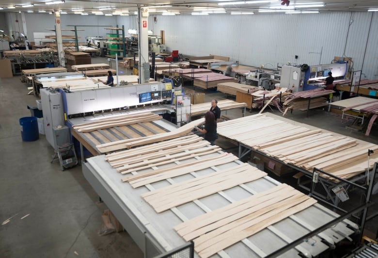 Flitches of wood are sorted to create sheets of veneer