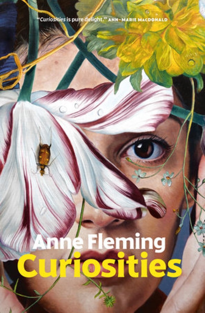 A book cover of a person's face partially obscured by colourful flowers. 