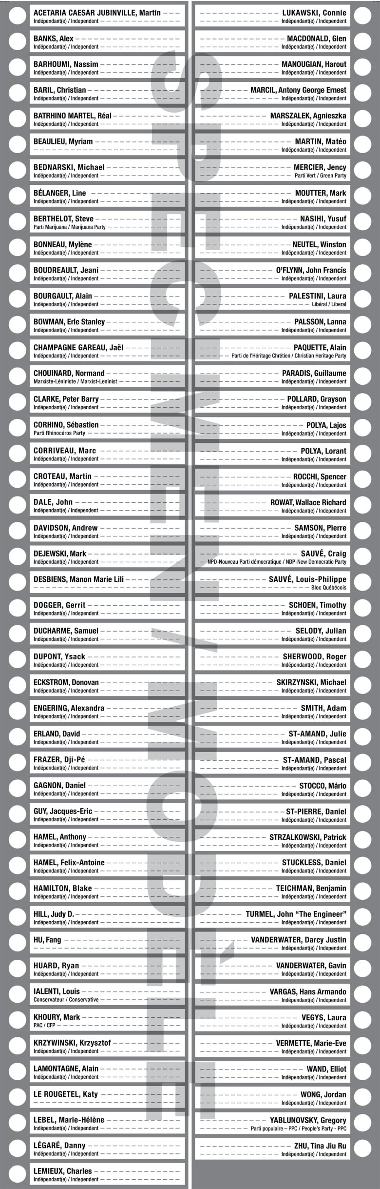 A still shot of a lengthy voters ballot holds more than 90 names.