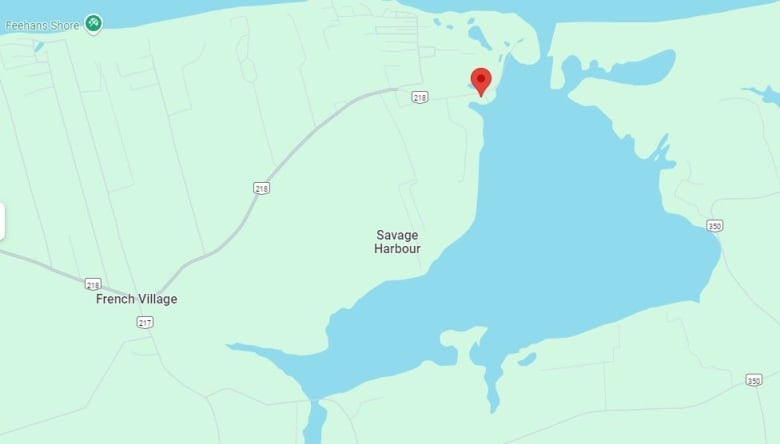 The location of the Crowbush Cove Wharf Small Craft Harbour is shown as a red marker on a map of the wider area of north-central Prince Edward Island.