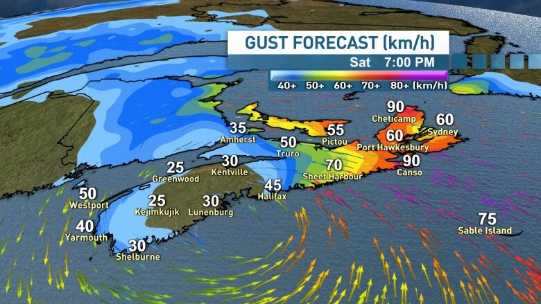 The strongest winds are expected late Saturday in eastern Nova Scotia and Cape Breton. 