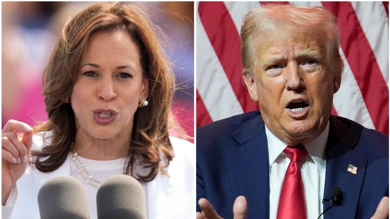 This combination of photos shows Democratic presidential candidate Kamala Harris, left, and Republican presidential candidate Donald Trump. 