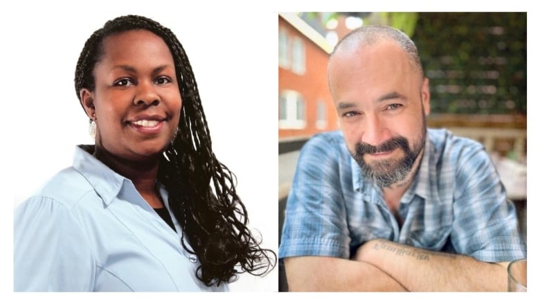 On left is a picture of a woman in a blue shirt. On the right is a man in a blue and white plaid shirt. 