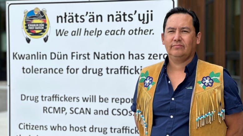 A man in a fringed and beaded vest stands beside a sign.