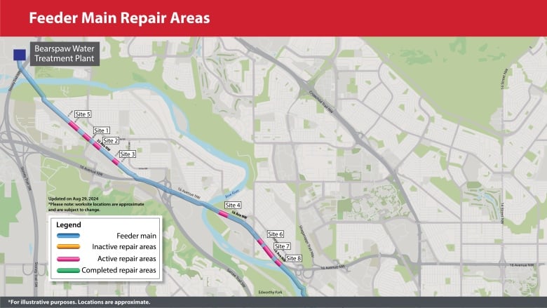 A map of active water main repair sites along 16th Avenue N.W. and 33rd Avenue N.W. in Calgary.